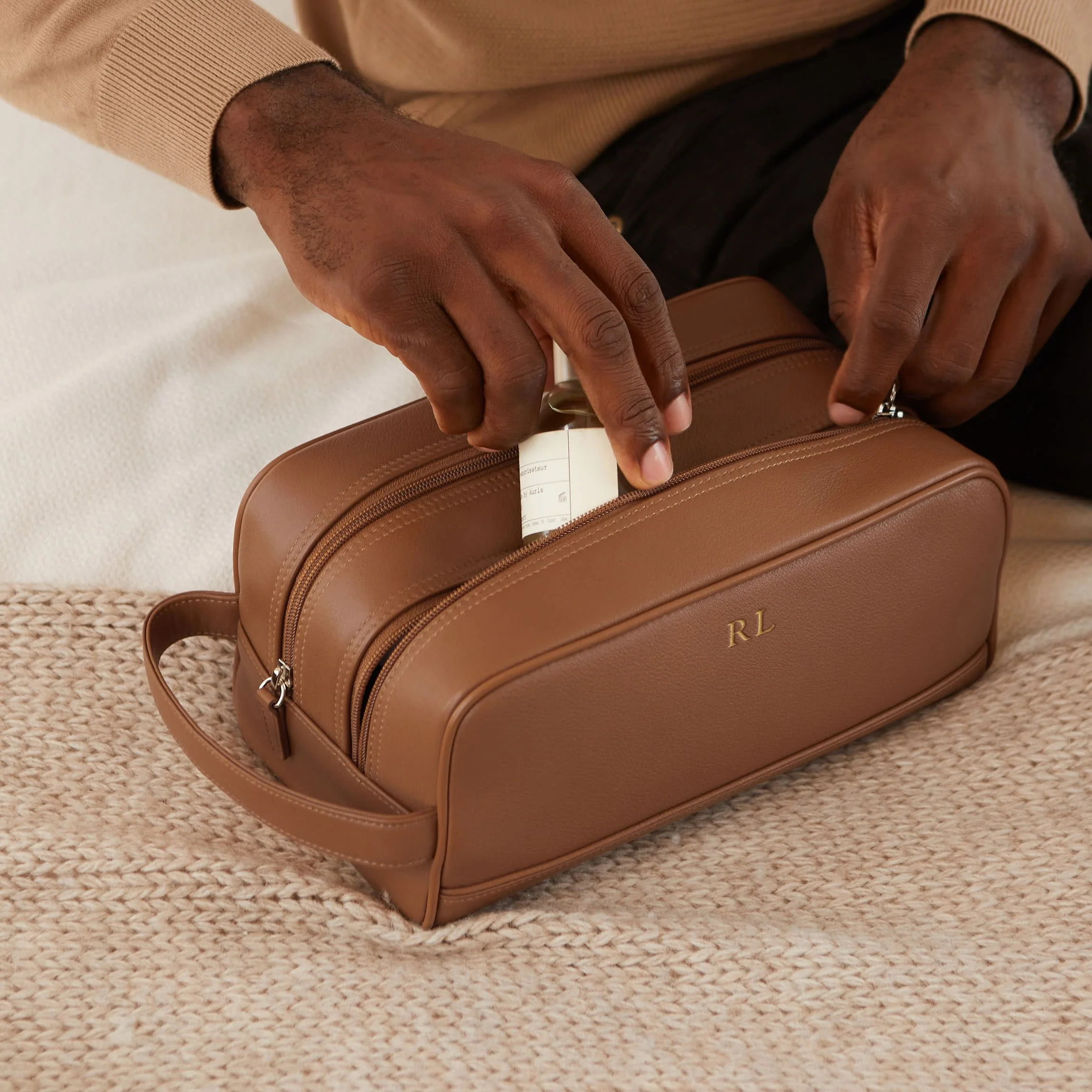 Double Zip Toiletry Bag Cognac - Image 3