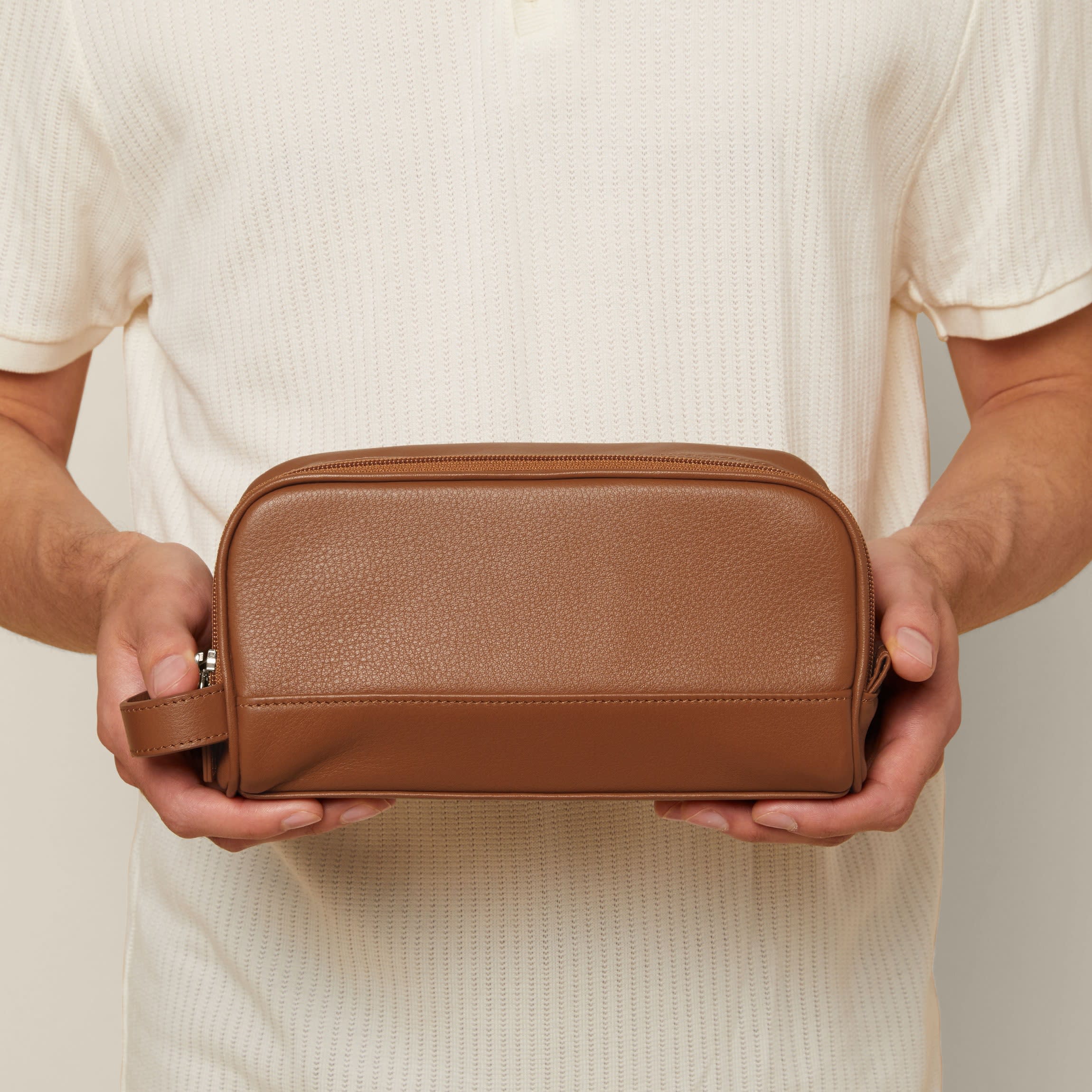 Small Double Zip Toiletry Bag Cognac - Image 3