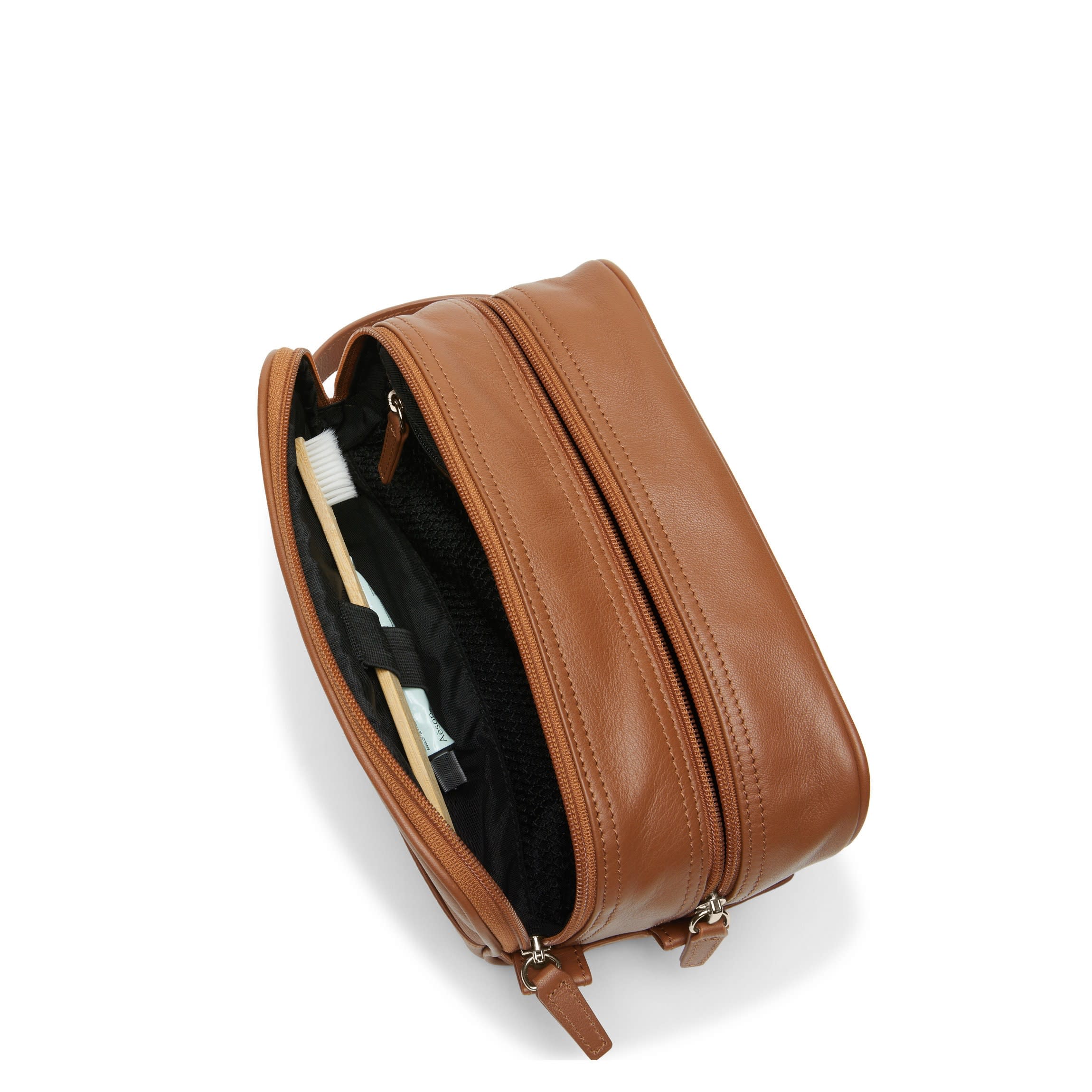 Small Double Zip Toiletry Bag Cognac - Image 4