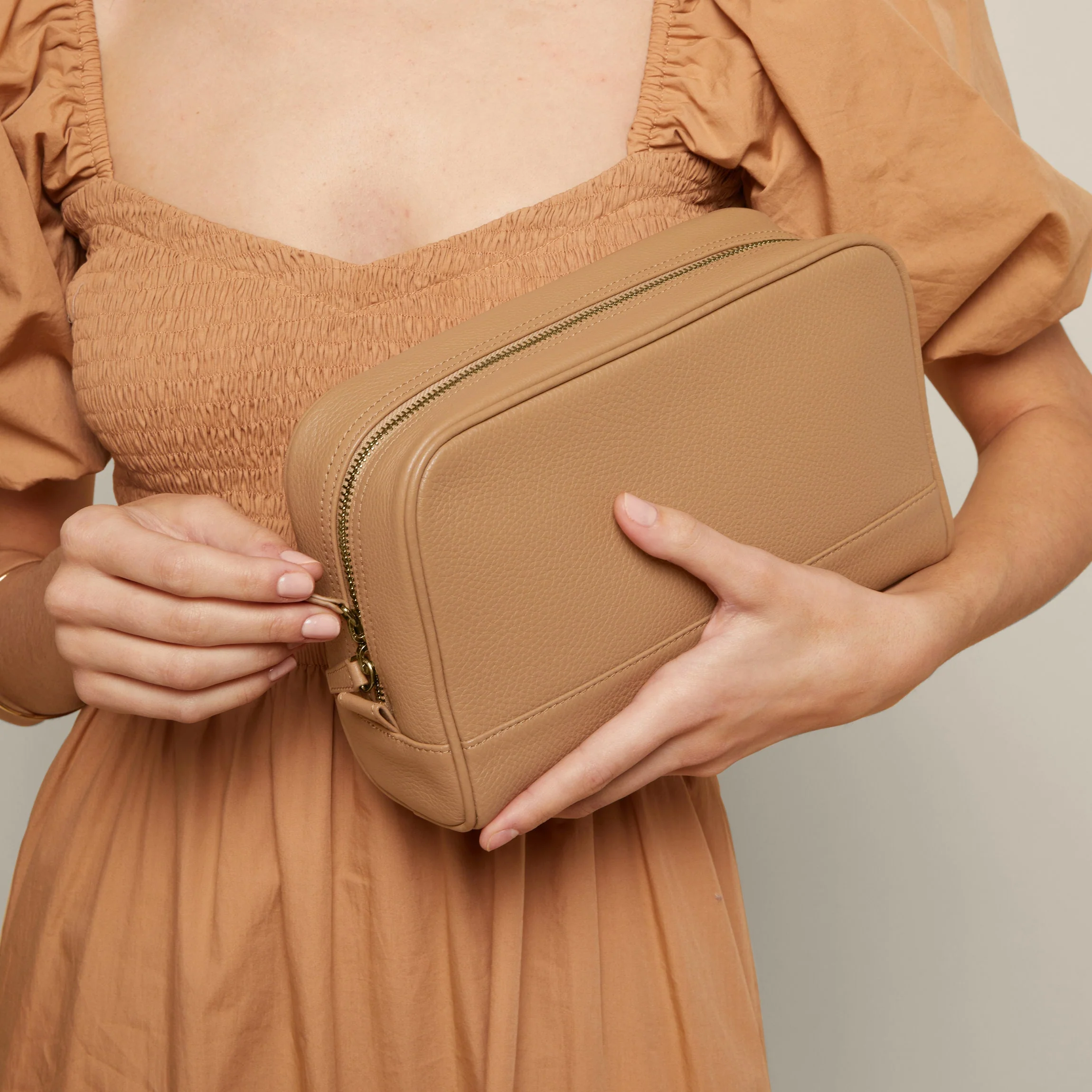 Top Zip Toiletry Bag Camel - Image 3